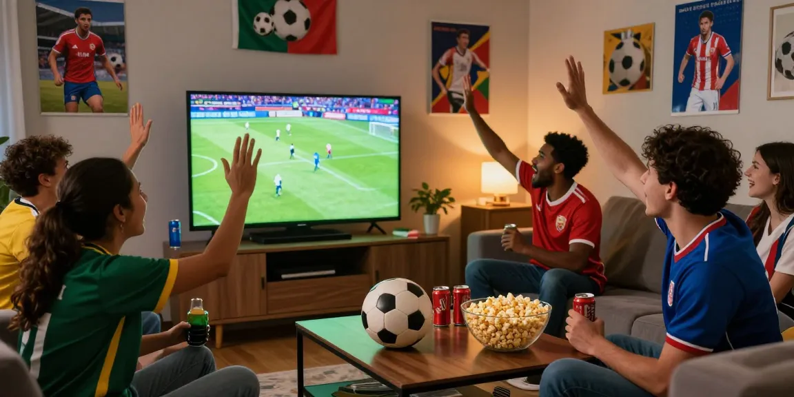 Watch the excitement of مشاهدة مباريات كأس العالم 2026 بث مباشر with friends in a lively living room.