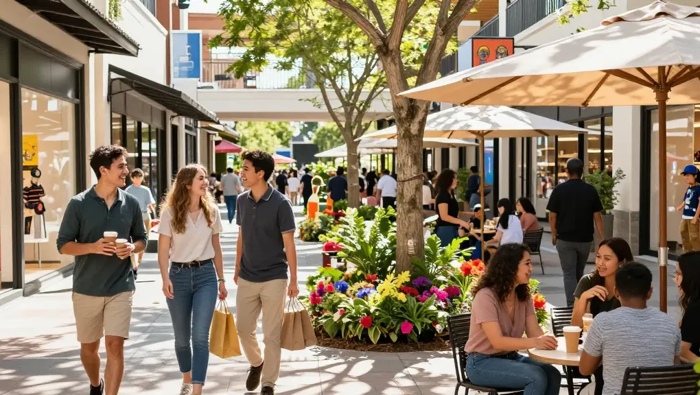 Vibrant shopping experience at https://www.goldhillplaza.com with diverse groups enjoying trendy retail in an inviting outdoor plaza.