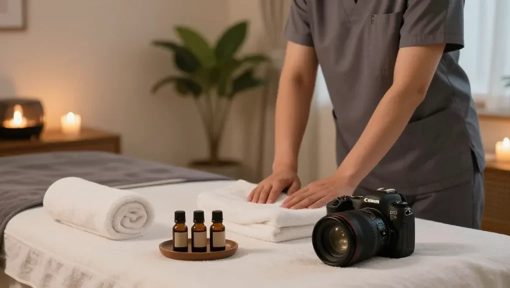 천호동출장마사지 session in a serene home environment with Korean therapist preparing the space, emphasizing relaxation and care.