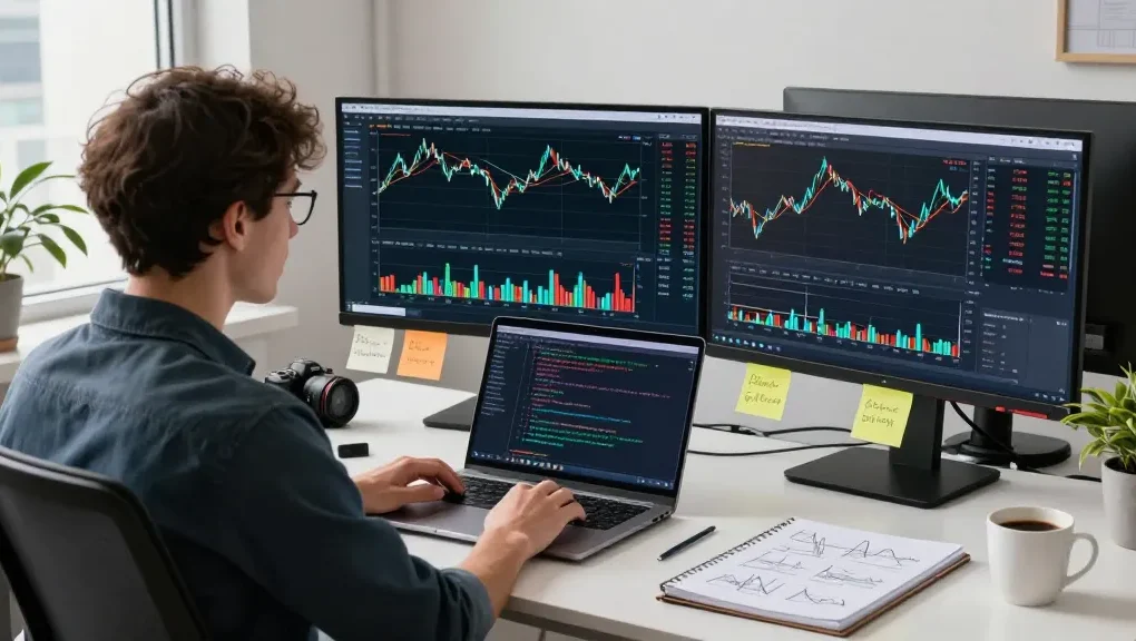Trader analyzing market data with MT5 charts in a modern workspace.