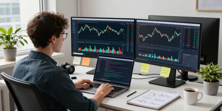 Trader analyzing market data with MT5 charts in a modern workspace.