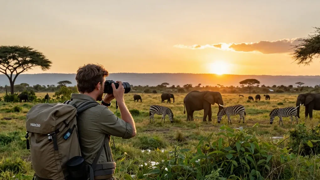 NAGA2000 traveler enjoying wildlife in Kidepo Valley National Park at sunset.