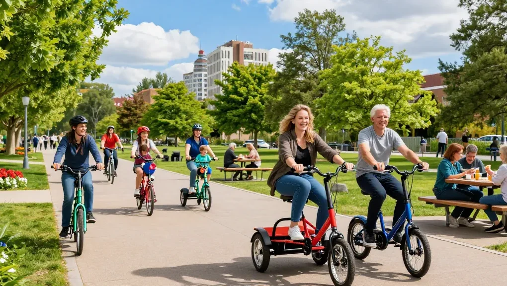 Enjoying the best electric tricycles in a vibrant urban park with families and friends.