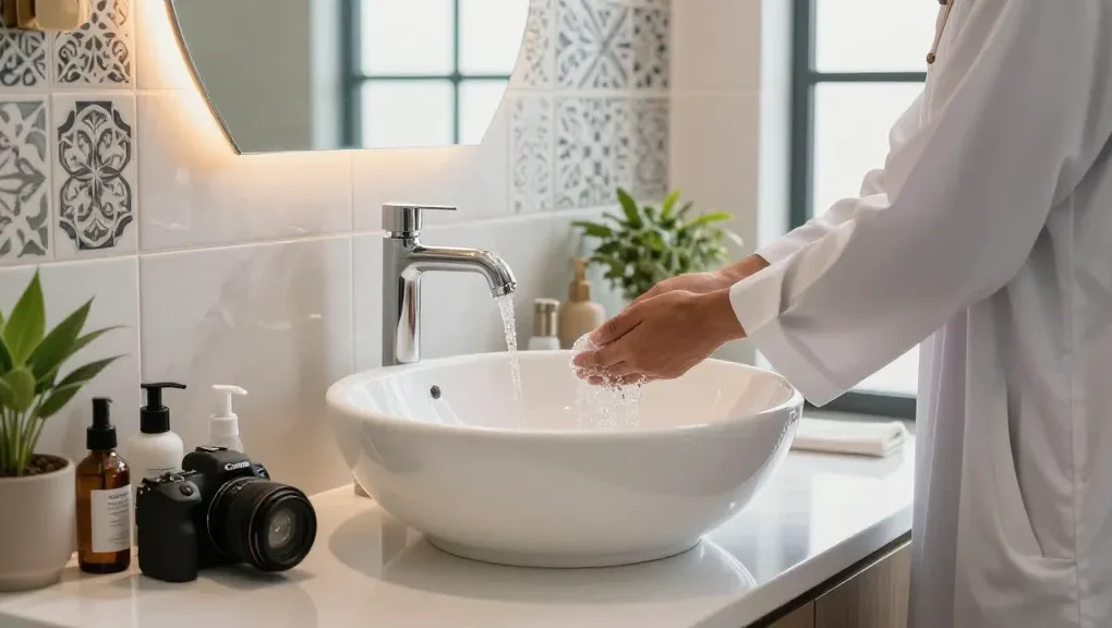 Wudu wash basin by solid surface countertops company showcasing elegance and functionality in modern bathroom design.