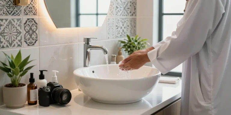 Wudu wash basin by solid surface countertops company showcasing elegance and functionality in modern bathroom design.
