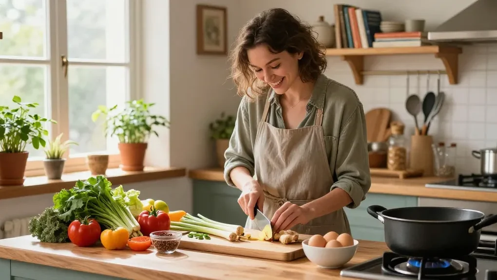 Fresh ingredients and a home cook preparing meals, emphasizing เว็บสล็อต แท้ 100 เปอร์เซ็นต์ for nutritious cooking and healthy eating.